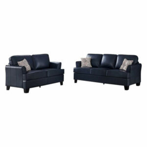 Swanson 2 Piece Transitional Living Room Set, Blue Upholstered Faux Le