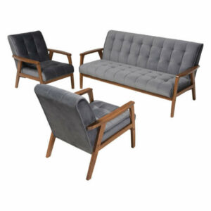 Westings Gray Velvet Fabric Walnut Wood 3-Piece Living Room Set