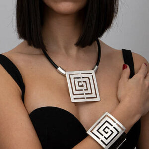 YUSHI Women's Bracelets SILVER - Black Leather & Fine Silver-Plated Geometric Square Pendant Necklace Set