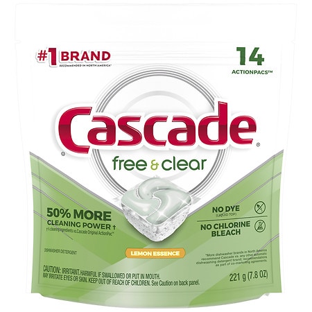 Cascade Free & Clear ActionPacs, Dishwasher Detergent, Lemon Essence - 0.56 oz x 14 pack