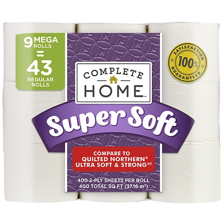 Complete Home Super Soft Toilet Paper 9 Rolls, 400 4" x 4" sheets per roll; 400 sq ft - 400.0 ea x 9 pack