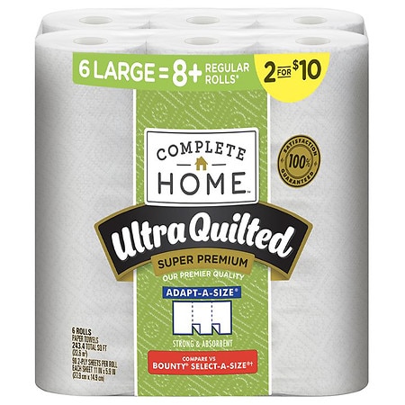 Complete Home Ultra Quilted Super Premium, Adapt-A-Size Paper Towels, 6 Rolls 11"x5.9" sheet size, 243.4 sq. ft. - 90.0 ea x 6 pack