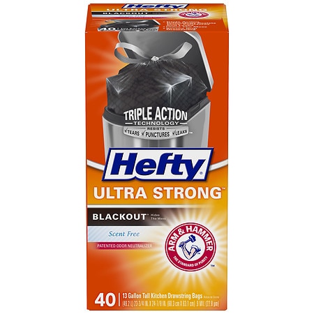 Hefty Ultra Strong Blackout Tall Kitchen Drawstring Trash Bags Scent Free, 13 Gallon - 40.0 ea